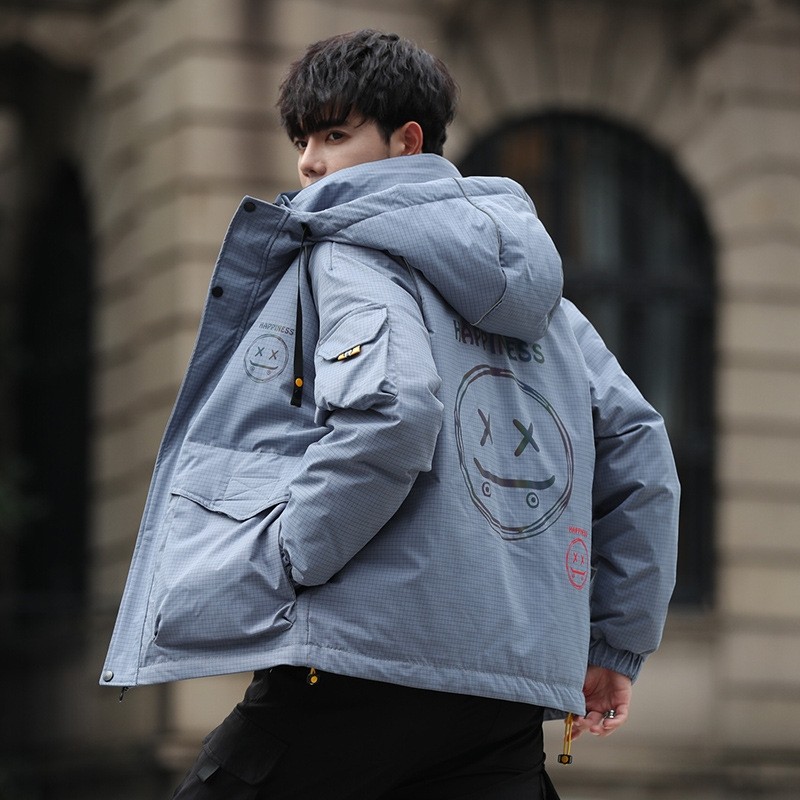 Quality Inspection Down Jacket Smiling Face Graffiti Youth Trendy Thickened Warm and Coldproof High Fleece Men's Jacket