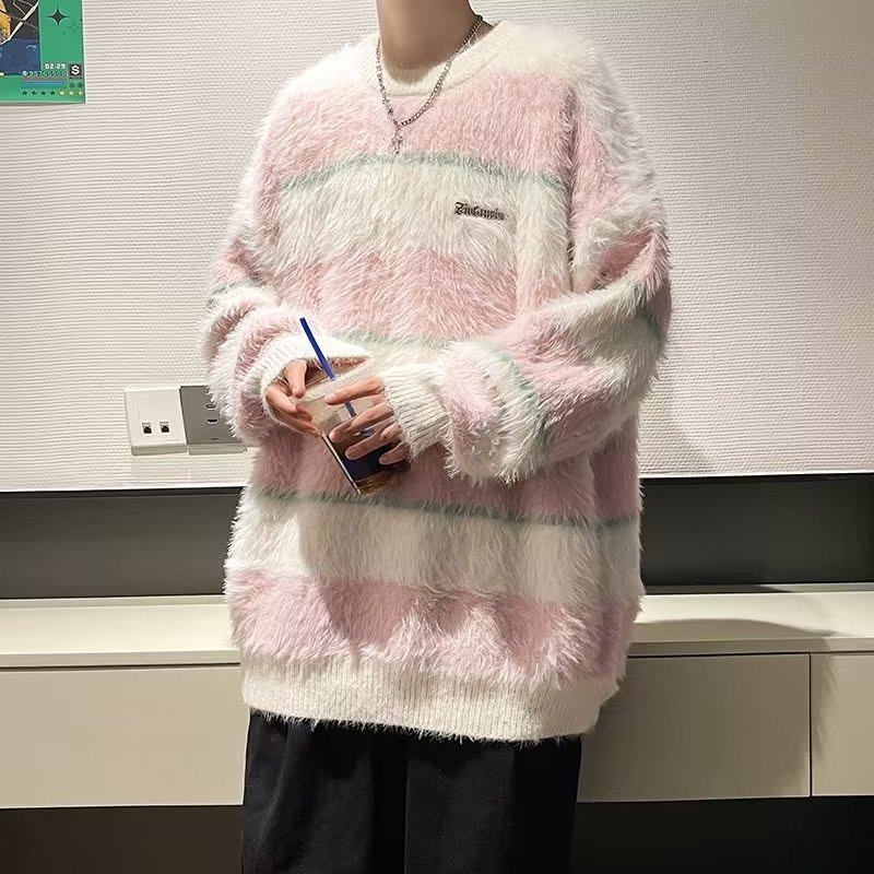 Mohair sweater, lazy and high-end, men's autumn round neck striped contrasting sweater, Korean style outfit