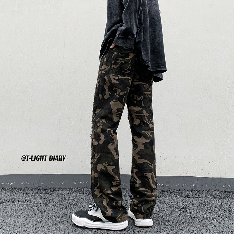 American ins high street niche heavy craftsmanship fake ripped jeans with small feet