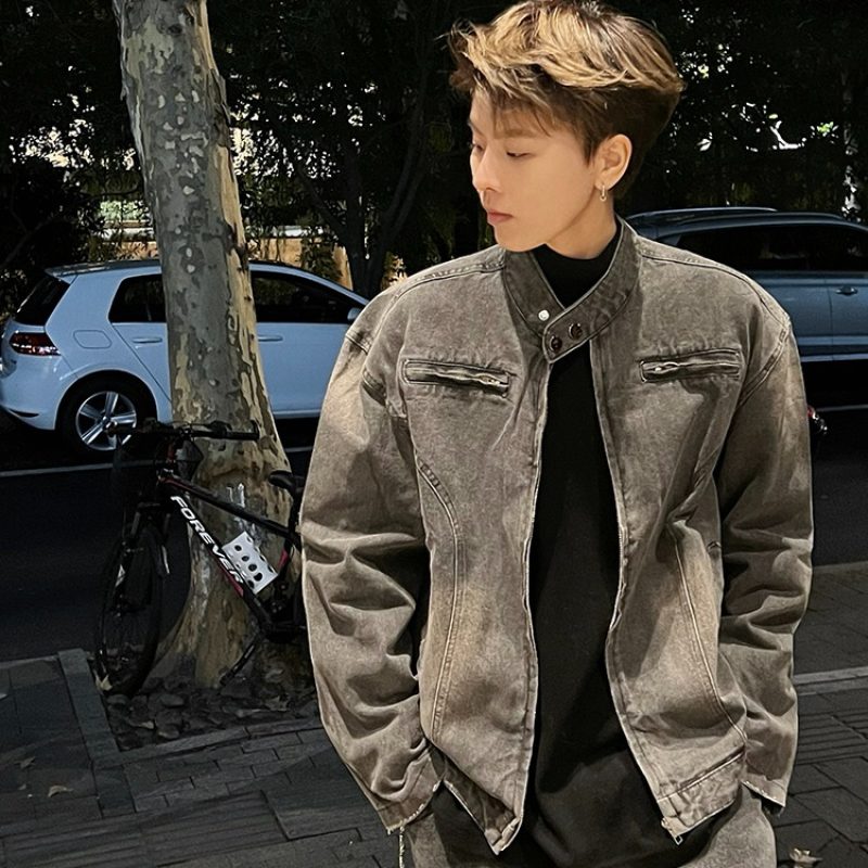 Washed black motorcycle style jacket men's collarless multi-zipper design loose handsome denim jacket top