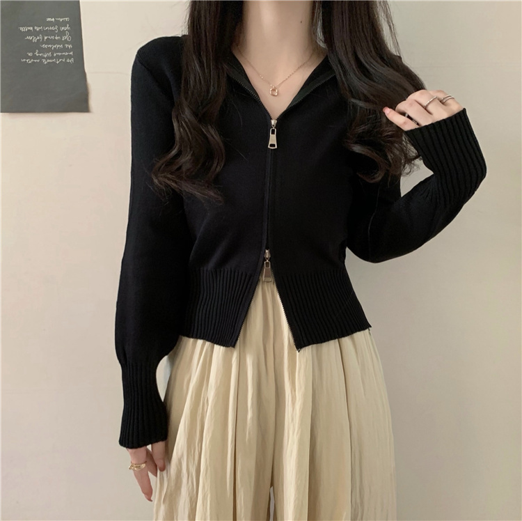 Early autumn new hooded double-ended zipper cardigan knitted top