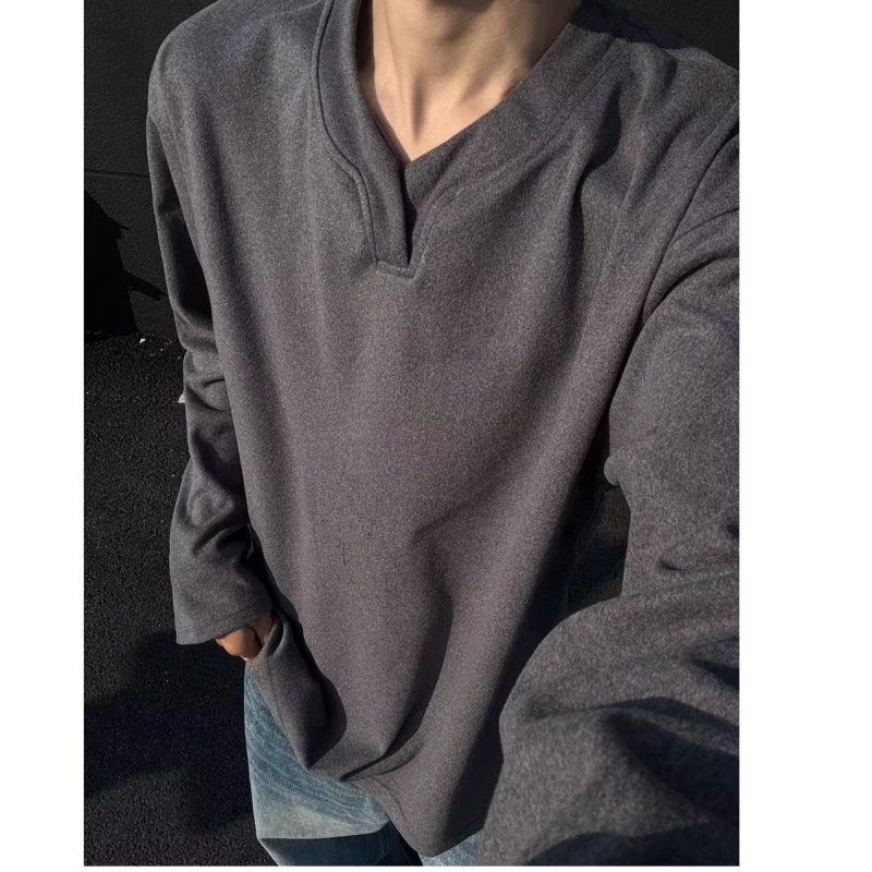 V-neck long-sleeved T-shirt men's autumn and winter American trend lazy loose warm bottoming shirt casual sweatshirt