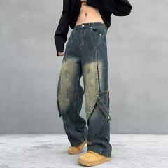 American high street retro heavy-duty washed jeans for men with deconstructed splicing design wide-leg trousers