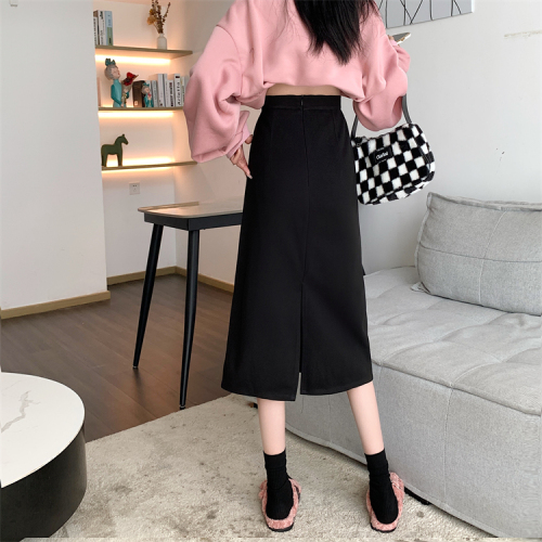 New Korean style thickened versatile solid color mid-length woolen skirt for women