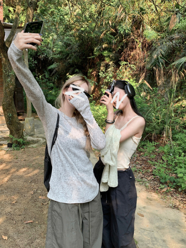 Simple pullover loose long-sleeved sun protection shirt women's thin slightly see-through cover-up T-shirt outer top