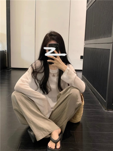 Simple pullover loose long-sleeved sun protection shirt women's thin slightly see-through cover-up T-shirt outer top