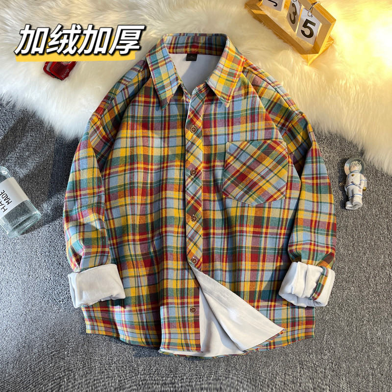 Colorful retro brushed long-sleeved plus velvet plaid shirt for men loose casual ins versatile