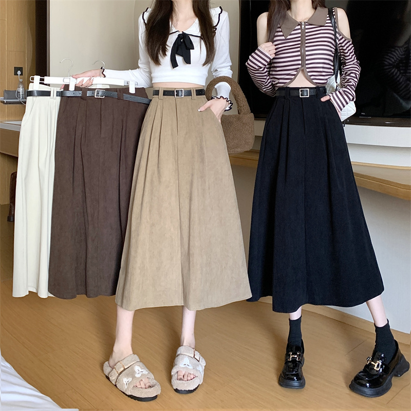 Actual shot, real price, corduroy skirt, high-waisted, slimming, versatile A-line long skirt, free belt