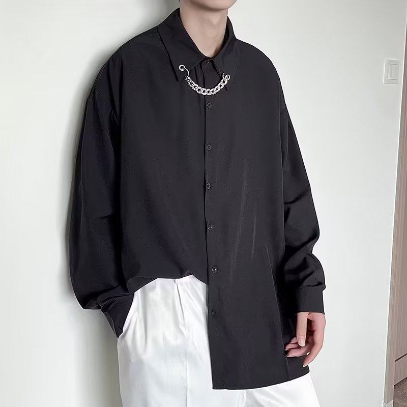 Spring and summer ice silk drop solid color inner long-sleeved shirt for men abstinent style chain outer shirt