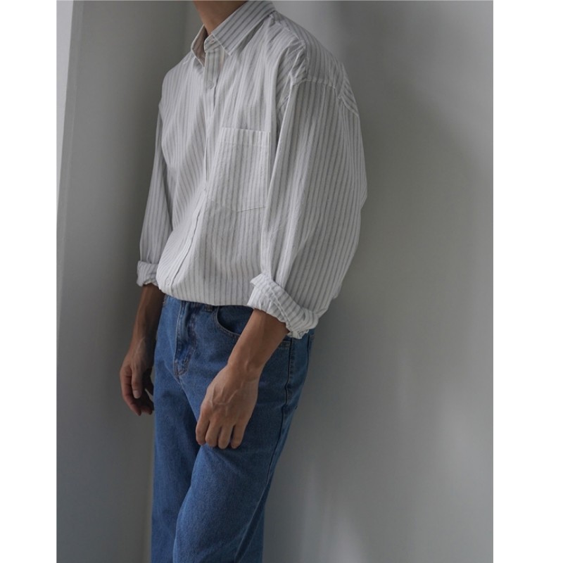 Striped casual shirt men's autumn loose long-sleeved shirt Korean style trendy lapel top
