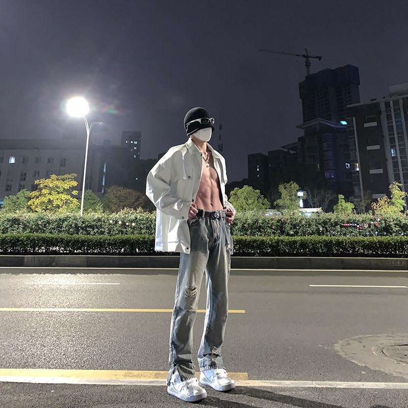 Authorized American high street vibe pants, washed ripped jeans, slim straight zipper, slightly flared overalls