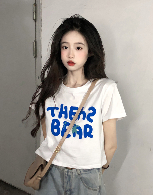 Pure cotton right shoulder short sleeve T-shirt for women with cartoon letters print