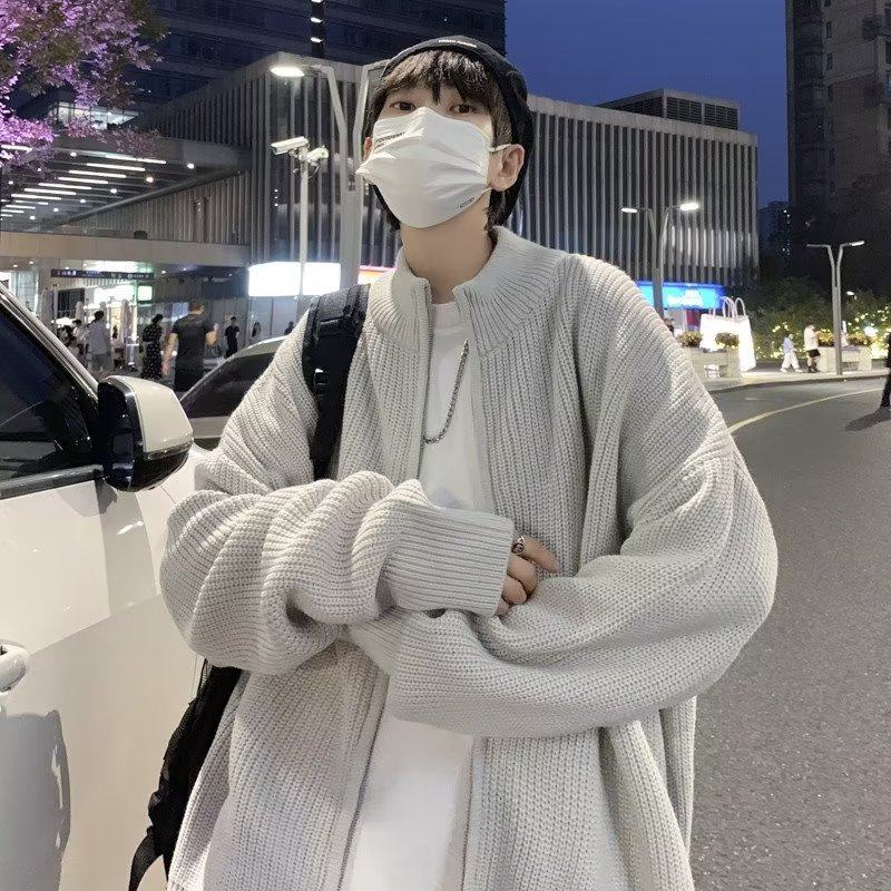 Autumn and winter Japanese gray cardigan sweater men's high street loose casual trendy versatile half turtleneck sweater jacket
