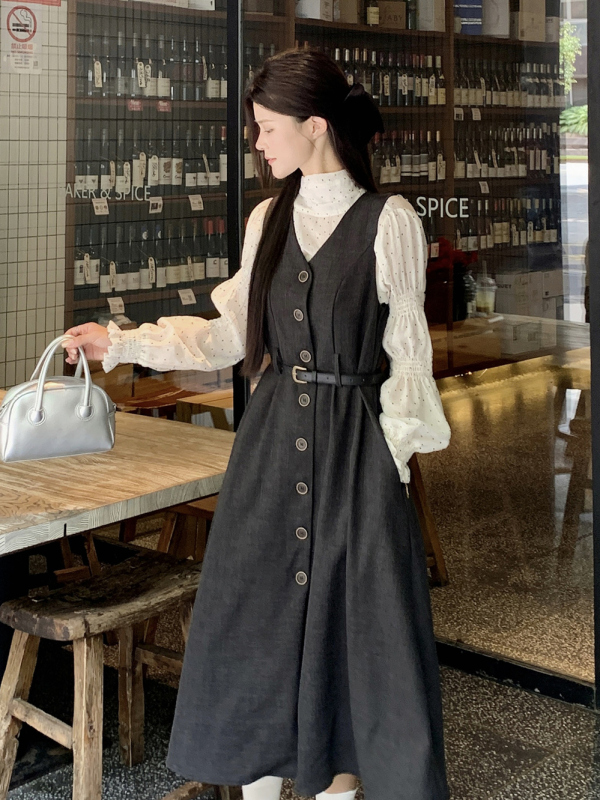 Autumn style OL retro V-neck buttoned long skirt loose slimming high-end suit vest dress