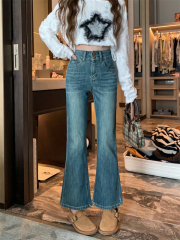 Actual shot of early autumn new large size stretch retro simple hot girl jeans straight micro horn nostalgic nine-point pants