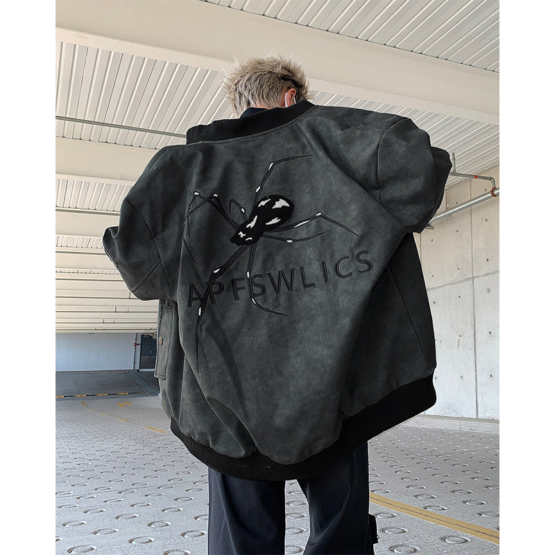 American spider embroidery retro distressed PU leather bomber jacket autumn new baseball uniform trendy brand jacket for men and women