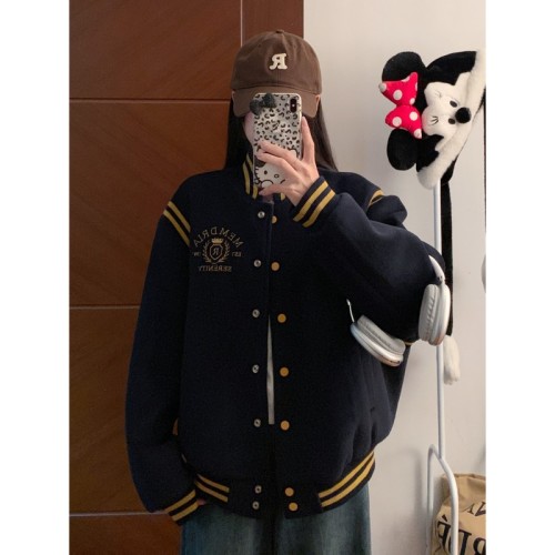 American college style contrasting color jacket for women autumn and winter new style navy blue loose quilted baseball jacket trendy