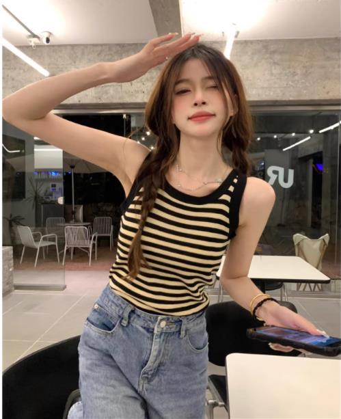 Large size casual striped knitted camisole women's spring new pure desire slim short hot girl inner top trendy