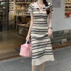 Korean striped polo collar short-sleeved knitted dress for women 2024 slim fit and elegant hip-hugging long skirt
