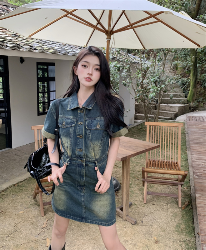 Korean retro petite lapel waisted short-sleeved A-line workwear denim dress for women