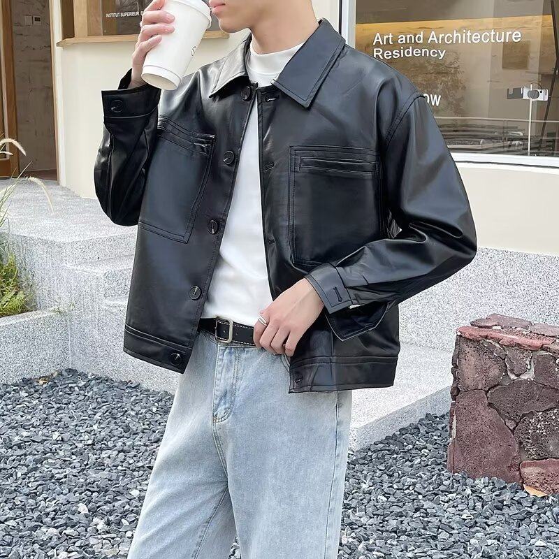Autumn men's leather workwear large pocket single-breasted leather jacket casual jacket