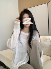 Simple pullover loose long-sleeved sun protection shirt women's thin slightly see-through cover-up T-shirt outer top