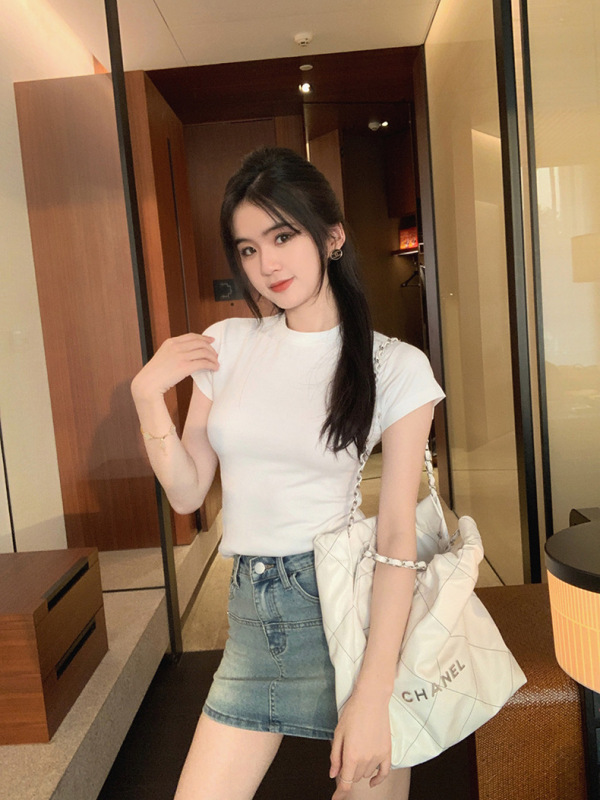 Spring right shoulder short sleeve T-shirt base layer