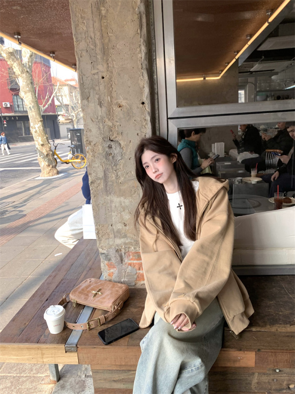 Lazy retro loose hooded early spring sweatshirt jacket