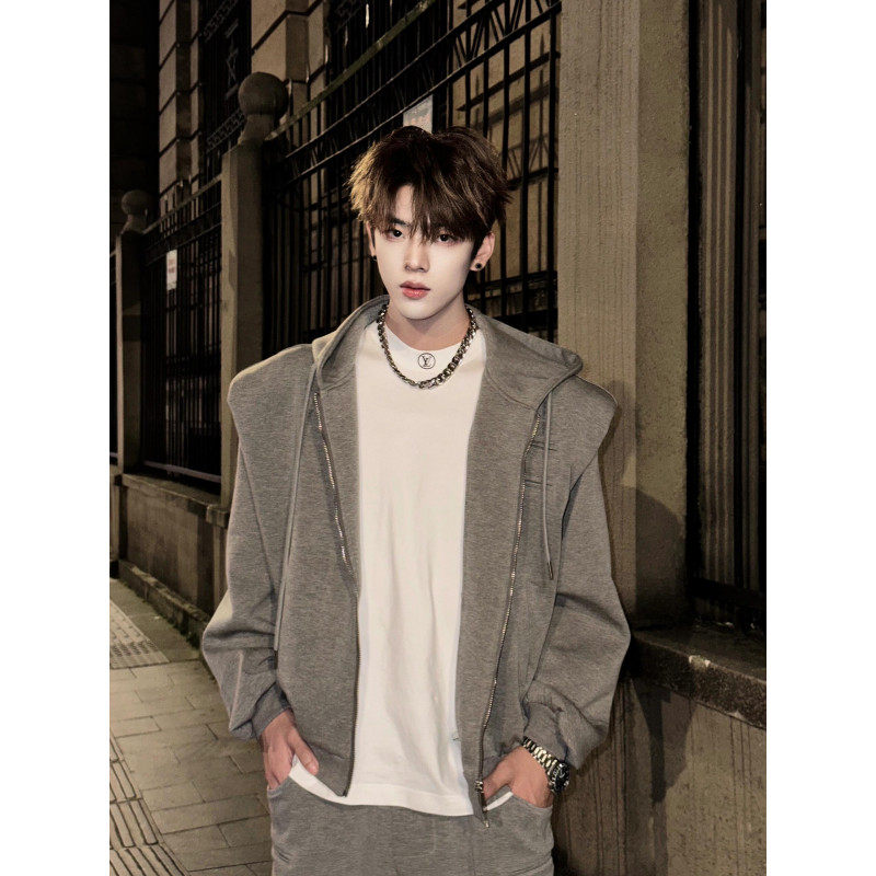 Cleanfit floral gray shoulder pad sweatshirt for men in spring and autumn, high-end and handsome