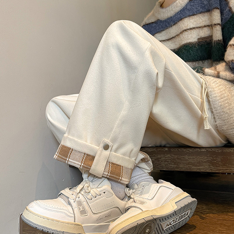 Plush woolen trousers for men, straight and drapey, wide-leg, extra-large size, casual pants for fat men