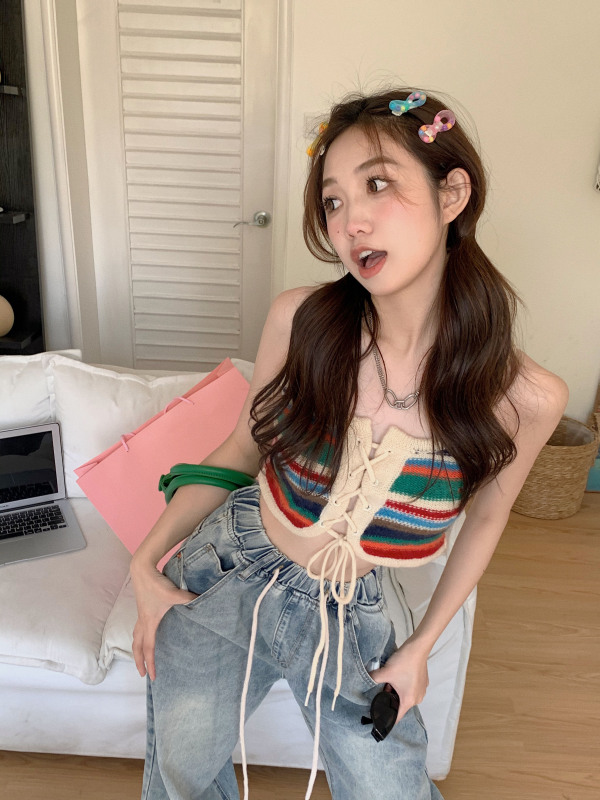 Real shots and real prices~Korean version of slimming lace-up rainbow-colored camisole