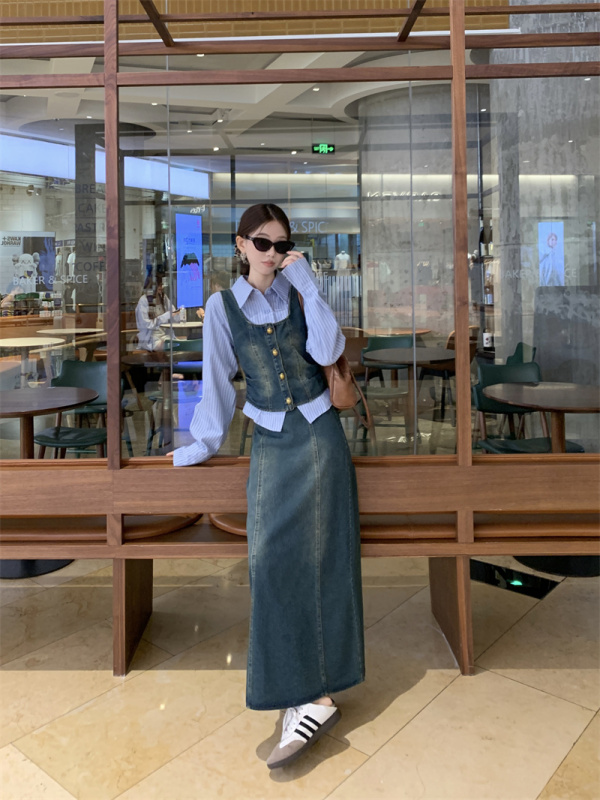 Autumn retro college denim vest A-line long skirt suit + elegant striped shirt
