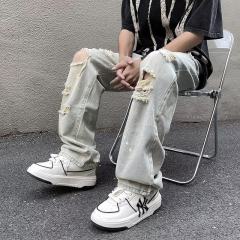 Vibe style high street washed ripped jeans men's loose casual straight wide leg pants