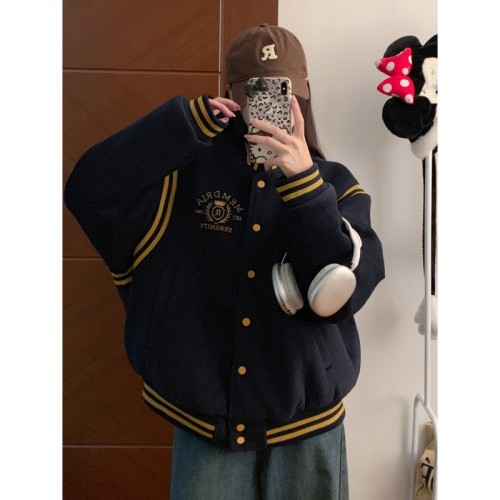 American college style contrasting color jacket for women autumn and winter new style navy blue loose quilted baseball jacket trendy