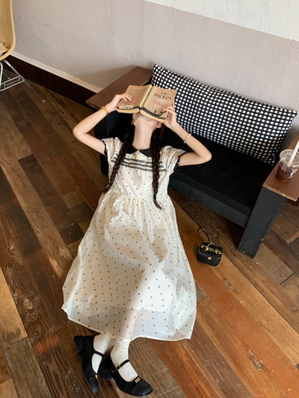Real shot and real price Summer beige flocking black polka dot small flower contrasting lace loose and slim dress
