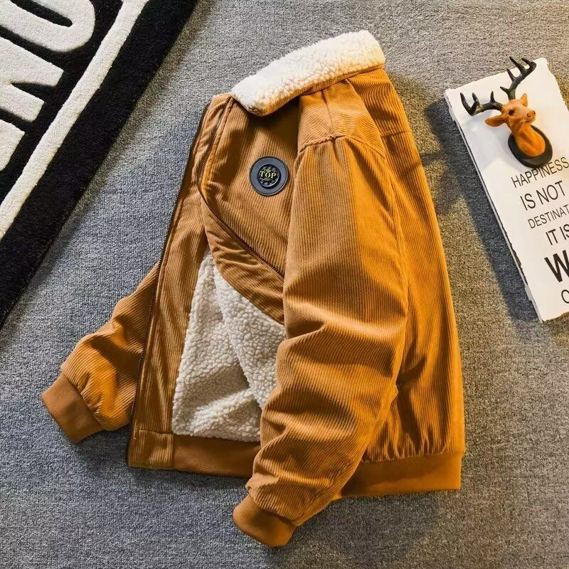 Corduroy sherpa jacket men's winter thickened warm cotton coat American retro trendy brand cotton work jacket