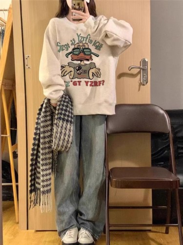 Round neck sweatshirt for women petite American retro lazy style loose hooded long-sleeved top