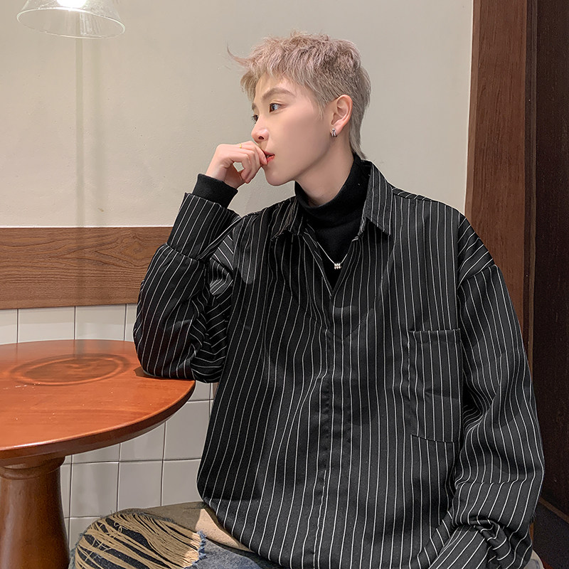 Spring turtleneck fake two-piece striped shirt loose and versatile inner top
