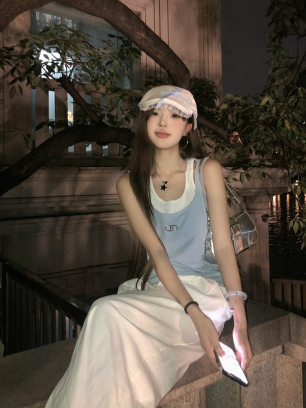 Real shot, real price, blue fake two-piece sleeveless camisole for women, summer outer wear, hot girl covering breasts, American top