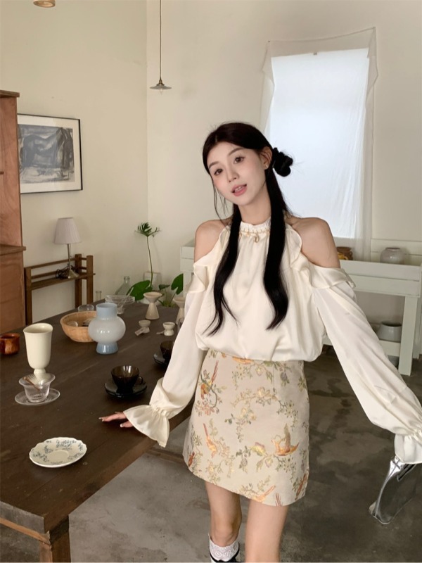 Spring gentle style beaded shell round neck off-shoulder versatile top