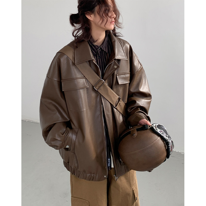 Casual solid color leather jacket men's autumn new Hong Kong style loose jacket