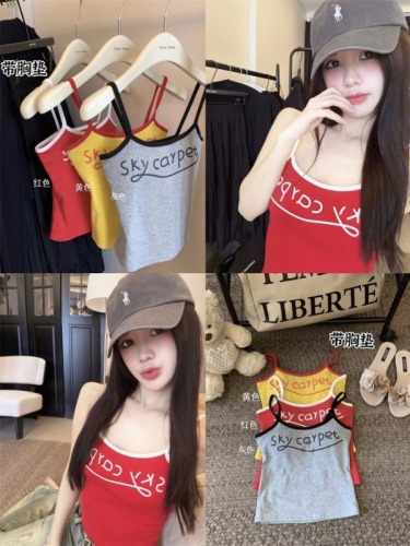 Real shot of American hot girl letter printed camisole women's outer wear with breast pads and beautiful back, slim and slim short top