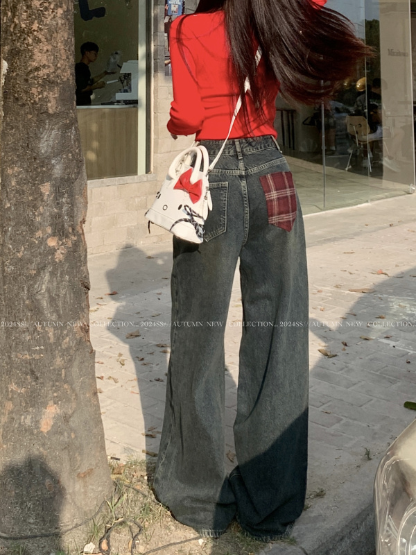 Thick velvet retro washed distressed high waist versatile slim denim straight pants