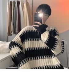 Trendy brand street contrasting color lazy style sweater men's American high street contrasting color thickened pullover sweater