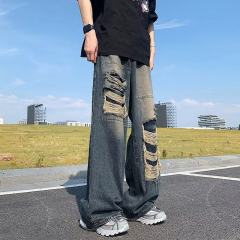 American high street niche design ripped jeans summer straight high waist loose slimming street wide leg pants