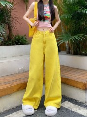 Summer dopamine candy color high waist jeans for women solid color loose straight trousers women's casual pants trendy