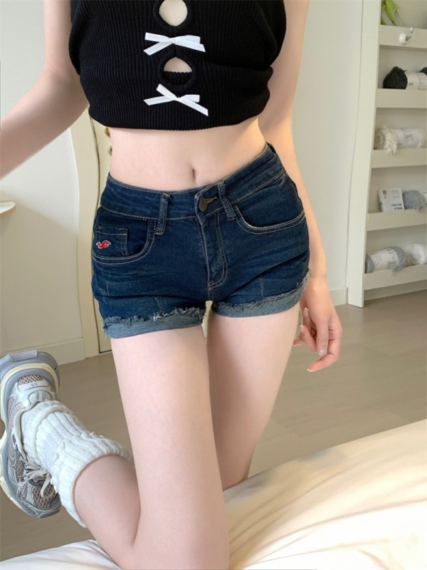 Real shot of retro sweet hottie denim super shorts for women summer low-waist slim curled pants American hip-covering hot pants