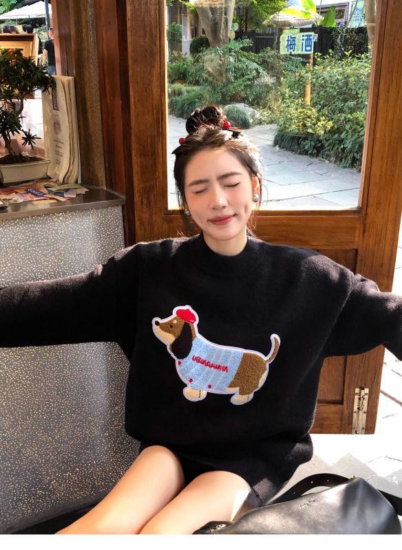 Trendy brand dachshund dog embroidered black sweater for women, soft, waxy, lazy, high-end autumn and winter round neck pullover sweater top