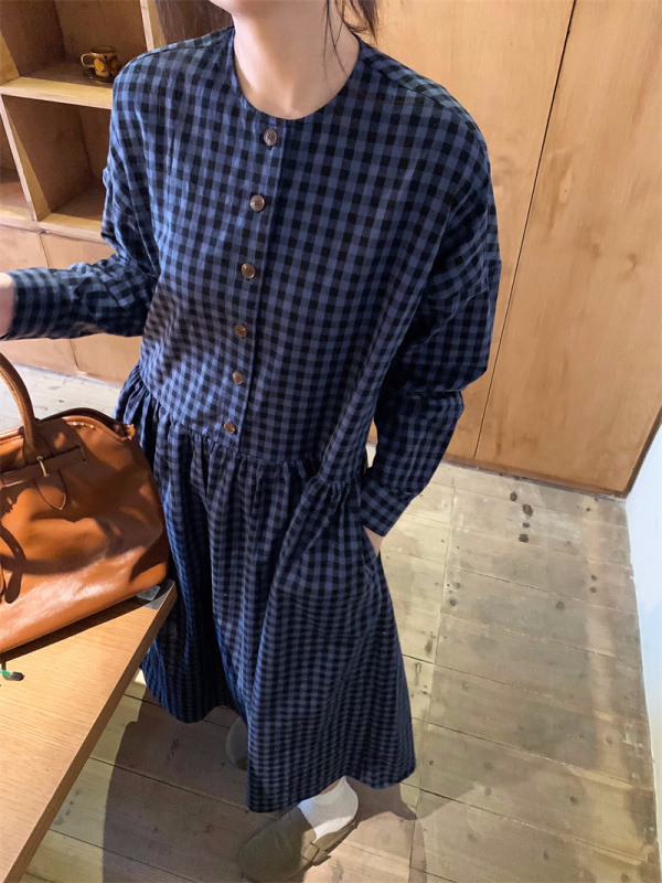 Retro gray and blue plaid Japanese style loose temperament dress