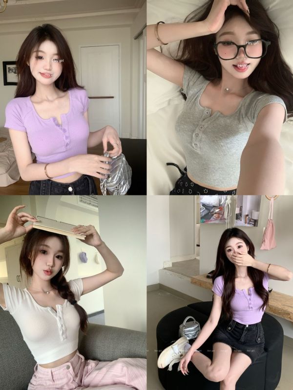 Half open collar slimming college short-sleeved T-shirt top for women